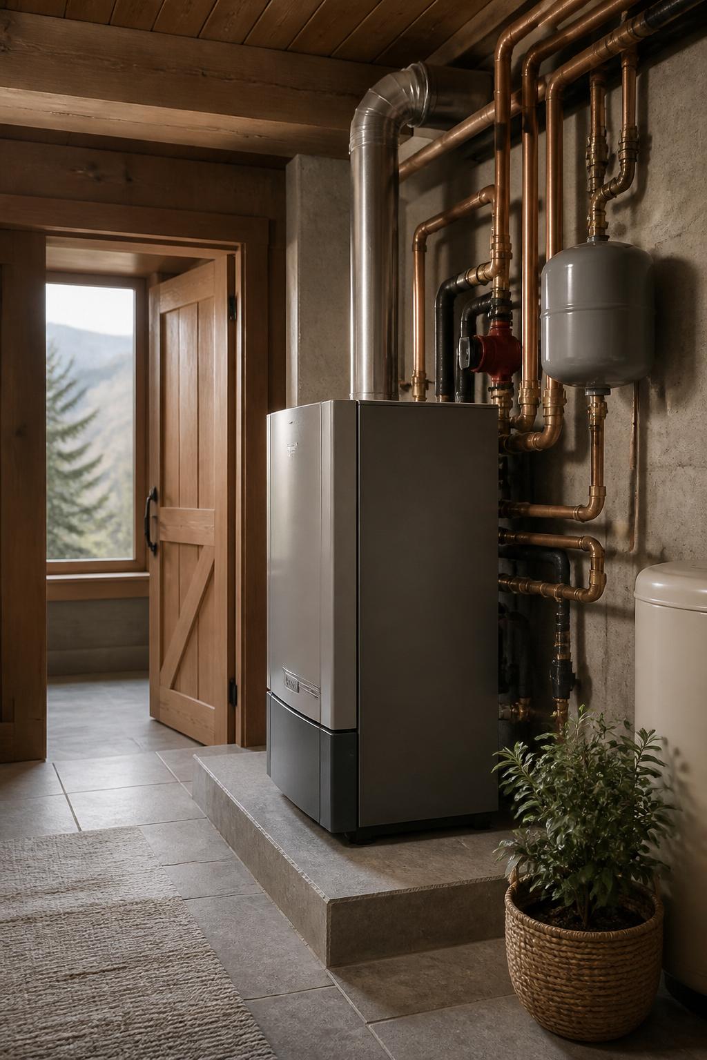 Clean boiler room with installed heating equipment in a home.
