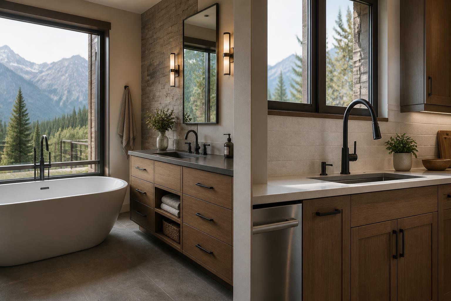 Modern bathroom and kitchen plumbing finishes in a bright home interior.